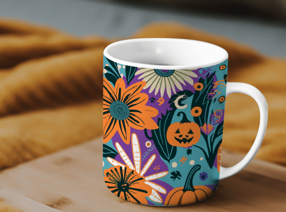 porcelanowy kubek ze wzorem w pomarańczowe kwiaty i halloweenowe dynie